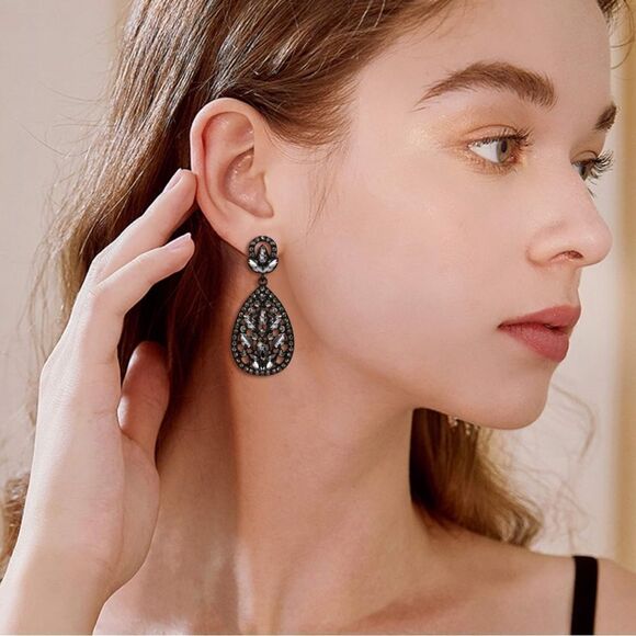Carbon Black with Charcoal Gray Austrian Crystal Teardrop Chandelier Earrings - Picture 3 of 7